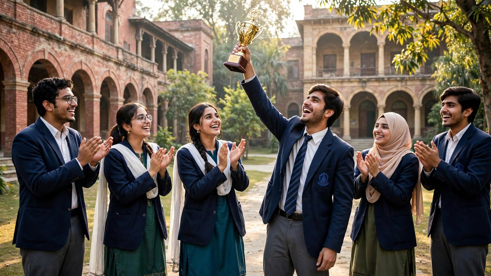 1st Year Position Holders 2026 – students celebrating exam success with a trophy