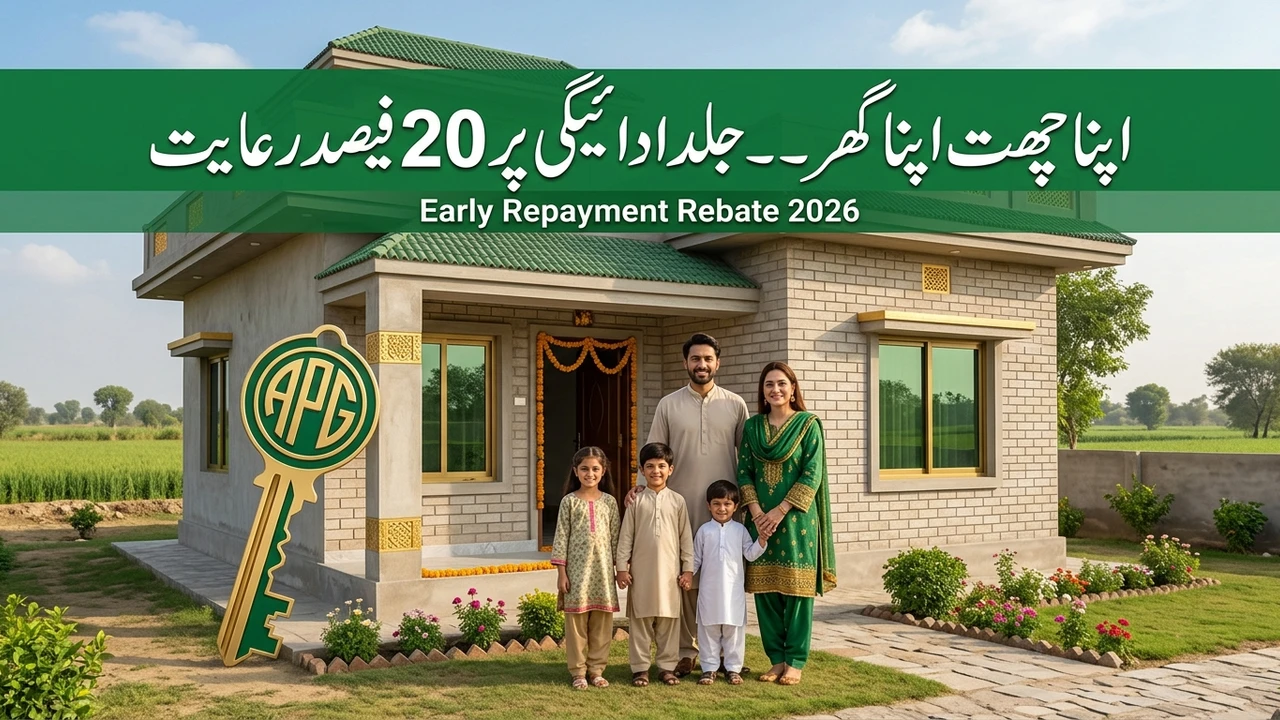 Pakistani family outside their new house with a large house key, Apni Chhat Apna Ghar early repayment rebate 2026