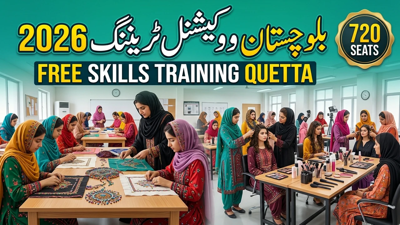 Young women learning hand embroidery and beauty skills in a Quetta training centre, Balochistan Youth Vocational Training 2026, 720 seats