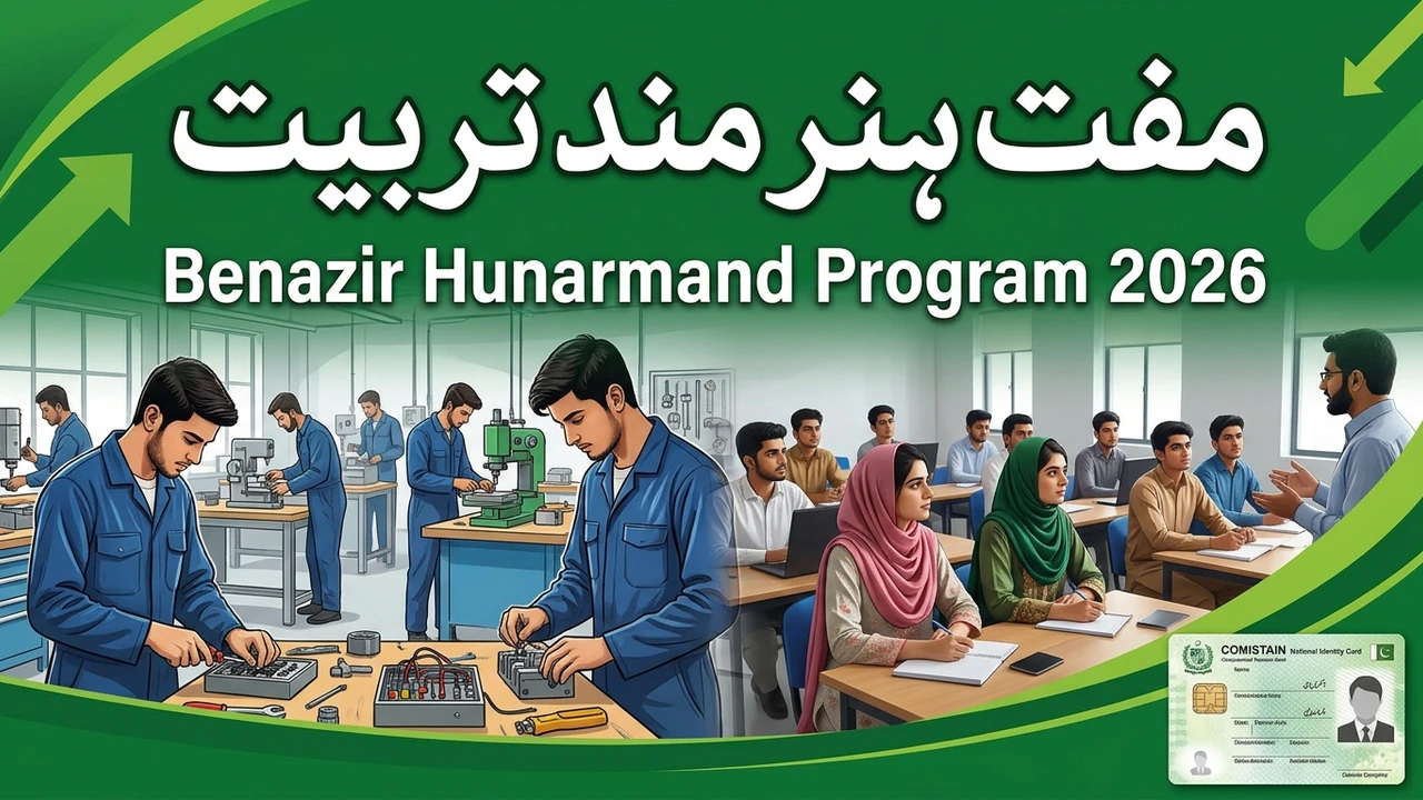 Benazir Hunarmand Program 2026 free skill training banner with Urdu headline and CNIC card