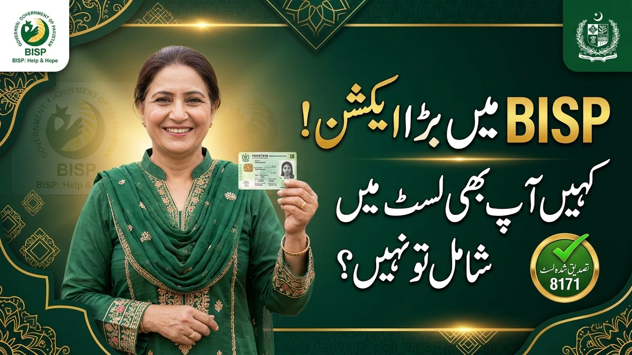 BISP 8171 big action 2026, woman holding CNIC card with Urdu headline about removed beneficiaries list