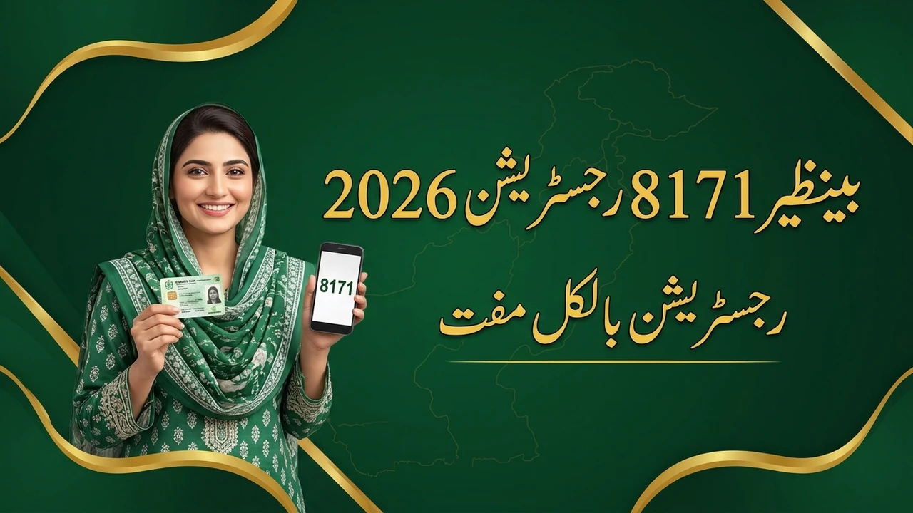 BISP 8171 new registration 2026, woman holding CNIC card and phone showing 8171 with Urdu headline