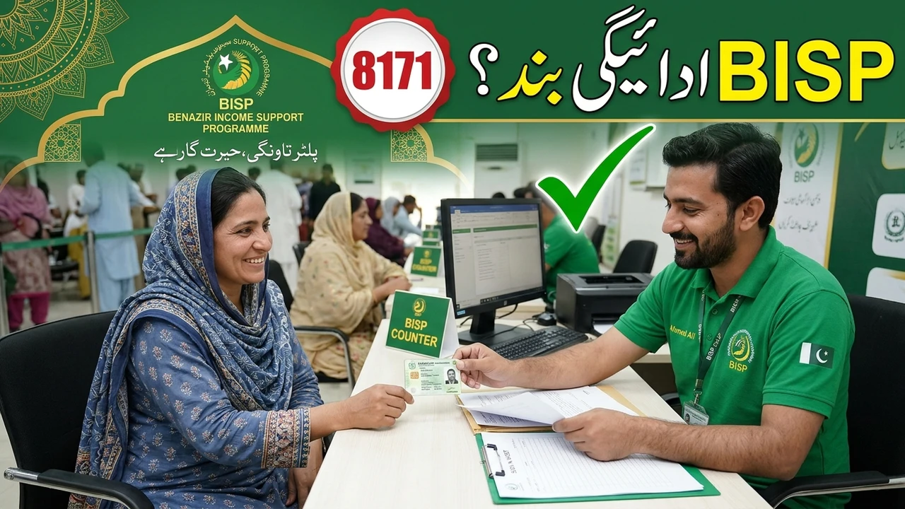 Woman beneficiary assisted at BISP counter with CNIC, 8171 help desk