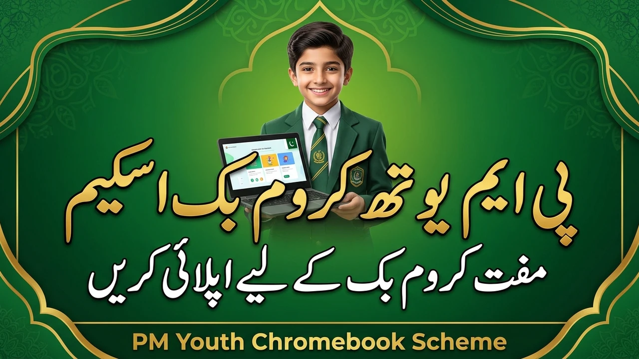PM Youth Chromebook Scheme, government school student holding Chromebook with Urdu headline about free Chromebook apply