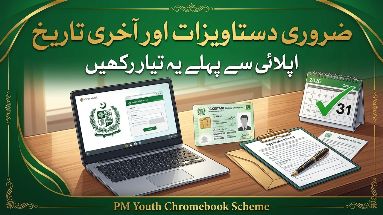 PM Youth Chromebook Scheme documents and last date, laptop CNIC card application form and calendar with Urdu headline