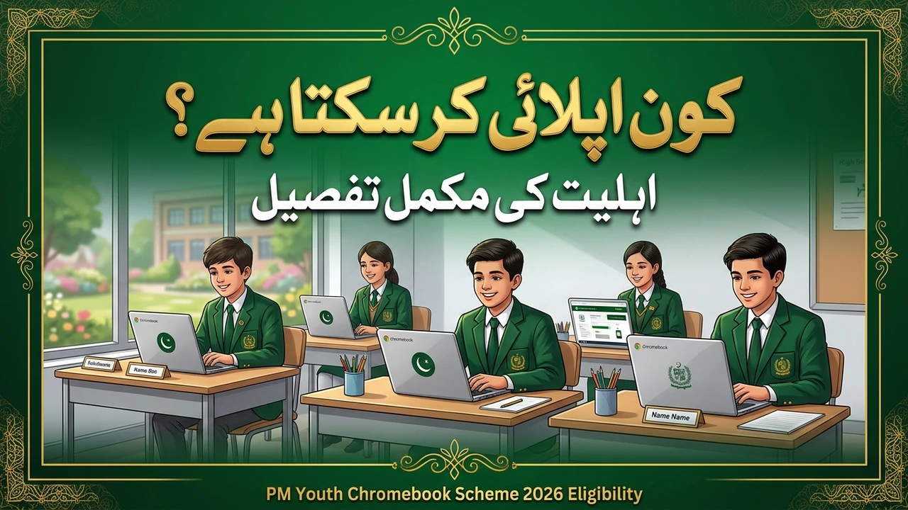 PM Youth Chromebook Scheme 2026 eligibility, students in classroom with Chromebooks and Urdu headline asking who can apply