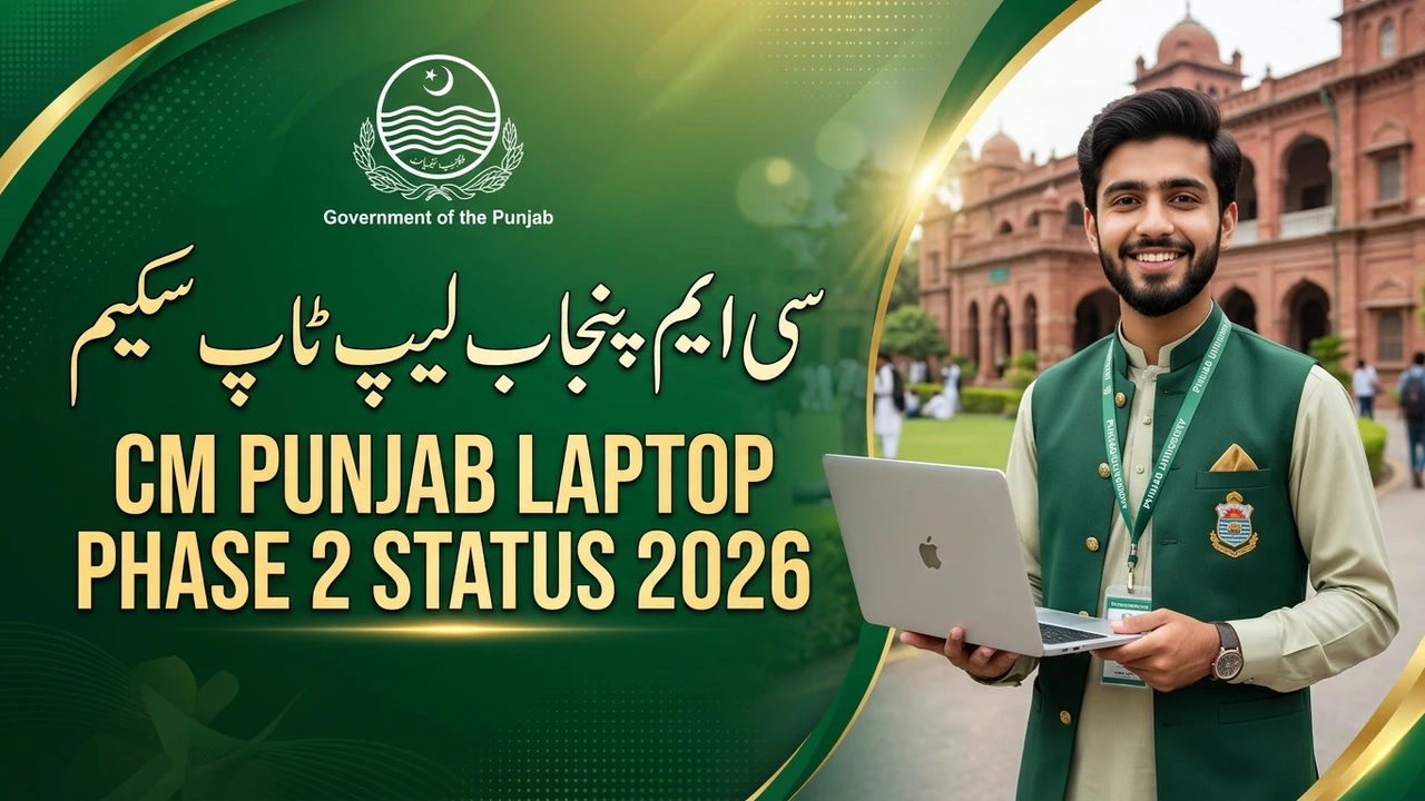 CM Punjab Laptop Phase 2 Status 2026 banner with university student holding a laptop