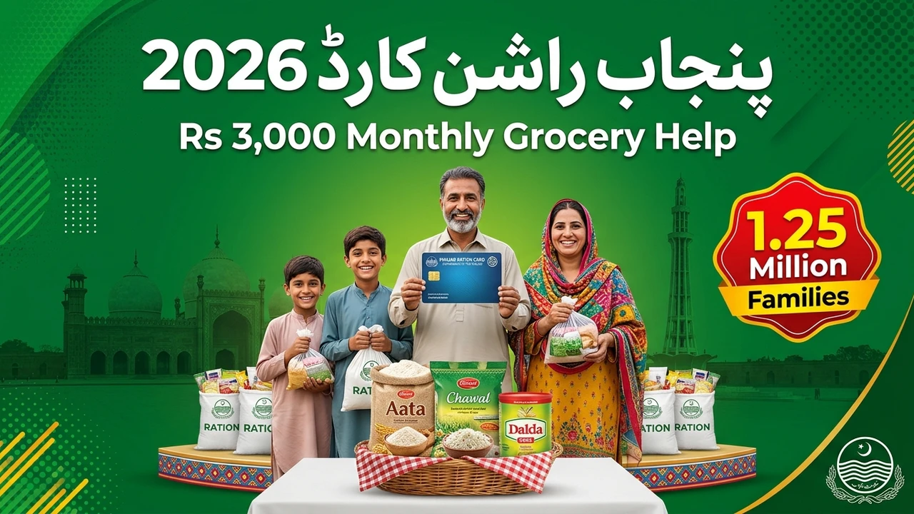 Pakistani family holding grocery bags and a Punjab Ration Card, CM Punjab Ration Card 2026 Rs 3,000 monthly help