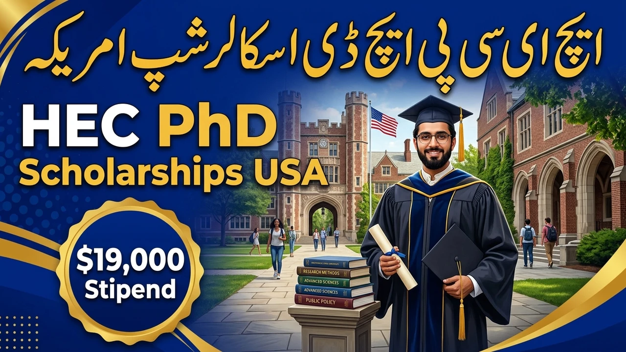 Pakistani PhD graduate in gown in front of a US university building, HEC PhD Scholarships USA 2026, $19,000 stipend