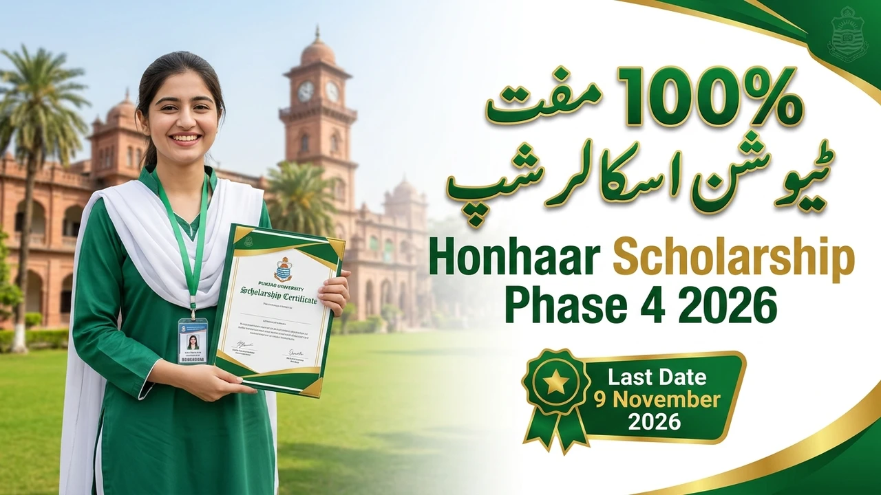 Honhaar Scholarship Phase 4 2026 banner with student holding scholarship certificate and 9 November 2026 deadline badge