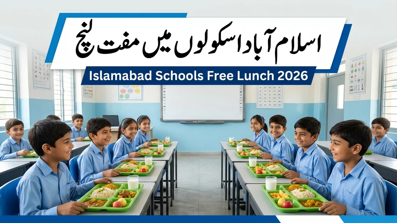 Islamabad government school children eating free lunch in classroom with smart board, Islamabad Schools Free Lunch 2026