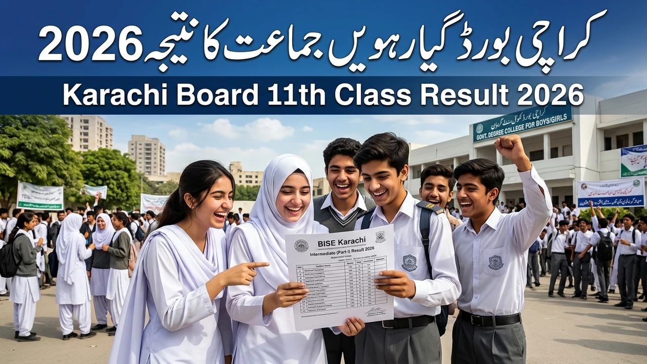 Karachi Board 11th Class Result 2026 banner with students holding result gazette