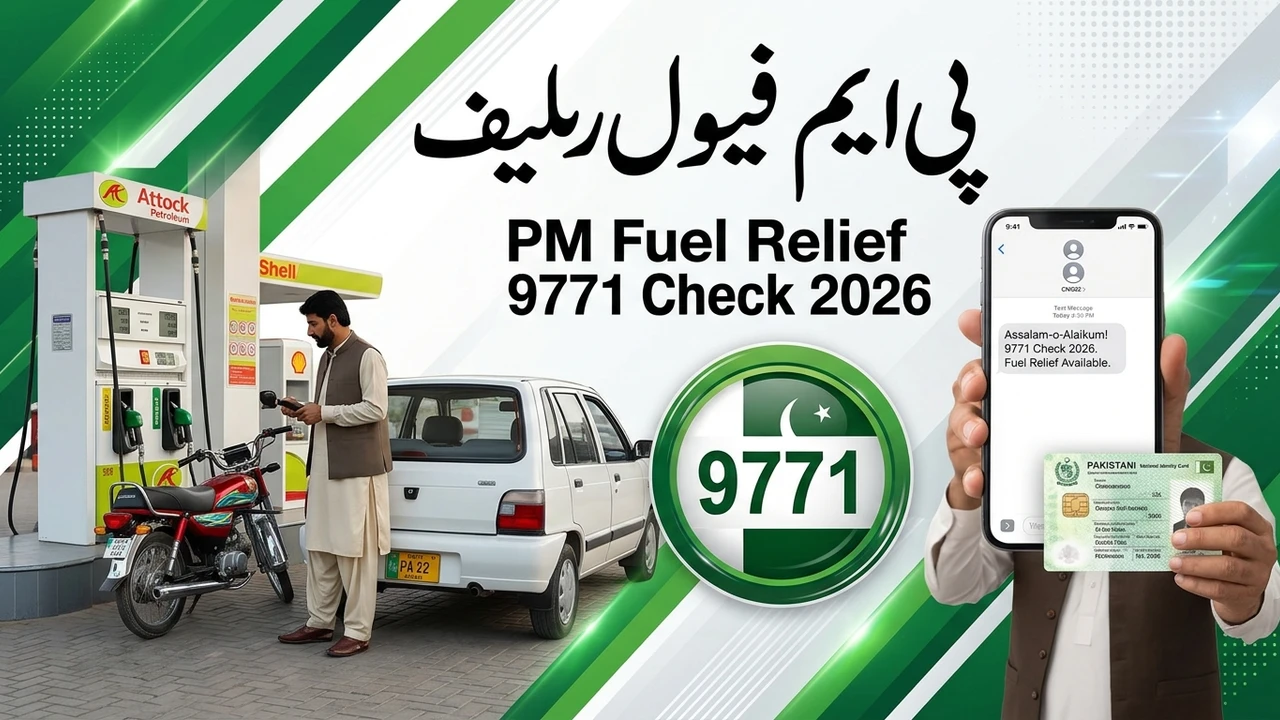 PM Fuel Relief 9771 Check 2026 banner with 9771 badge, motorcycle and car at a petrol pump