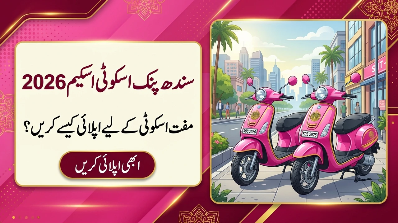 Sindh Pink Scooty Scheme 2026, pink electric scooters with Urdu headline about free scooty apply