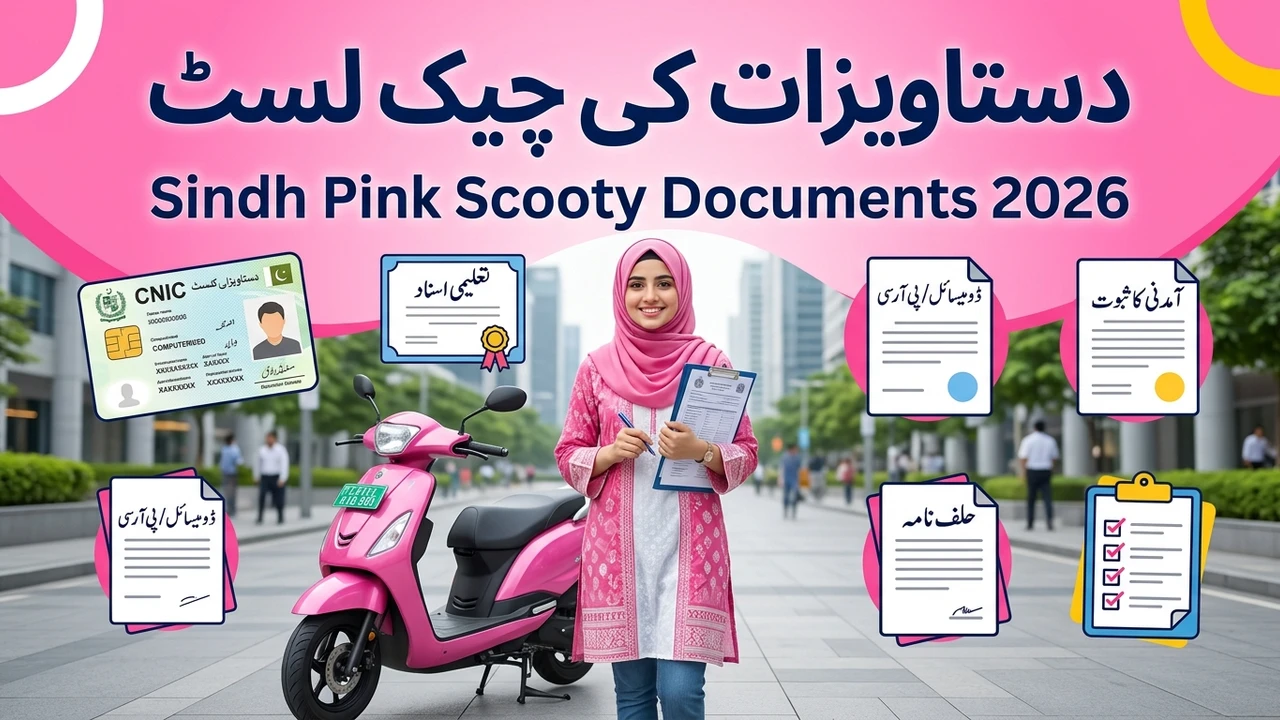Sindh Pink Scooty documents checklist 2026 banner with woman, pink scooty and documents